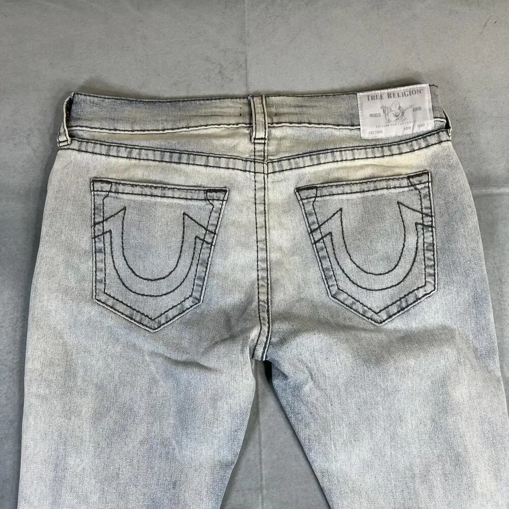 True Religion Rocco Jeans Mens 36 Blue Acid Wash Relaxed Skinny Distressed Rip